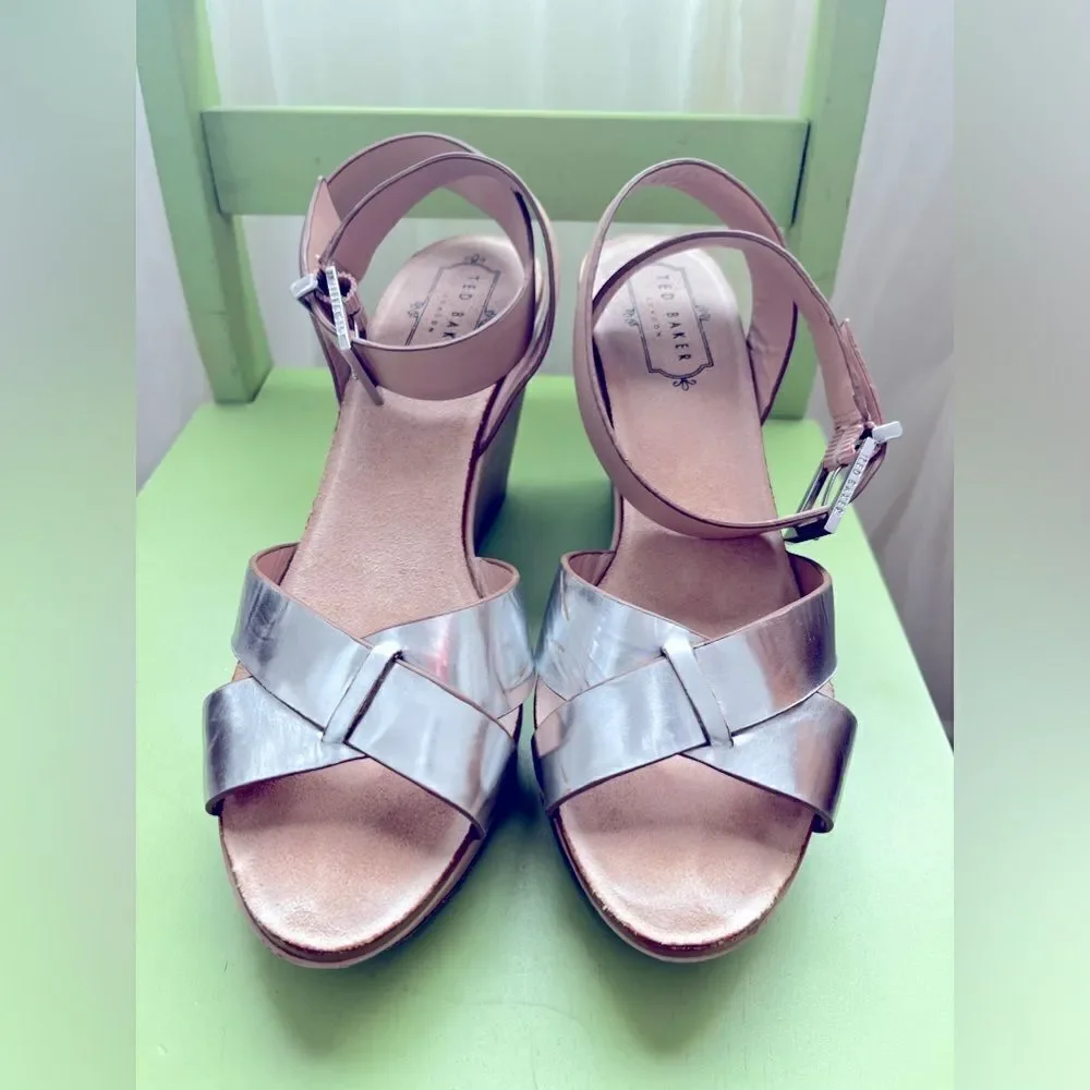 TED BAKER wedge heels; leather & silver; Size 38